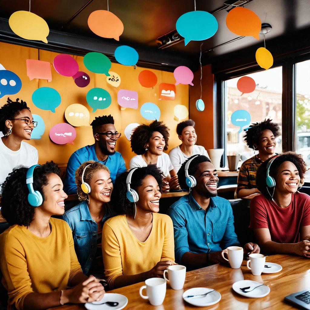 A vibrant scene of diverse people gathered in a cozy coffee shop, sharing headphones and laughing while listening to various podcasts together. Colorful speech bubbles filled with musical notes and happy icons float around them, symbolizing joy and connection. Warm lighting and a welcoming atmosphere enhance the feeling of community and exchange. super-realistic. vibrant colors. cozy environment.