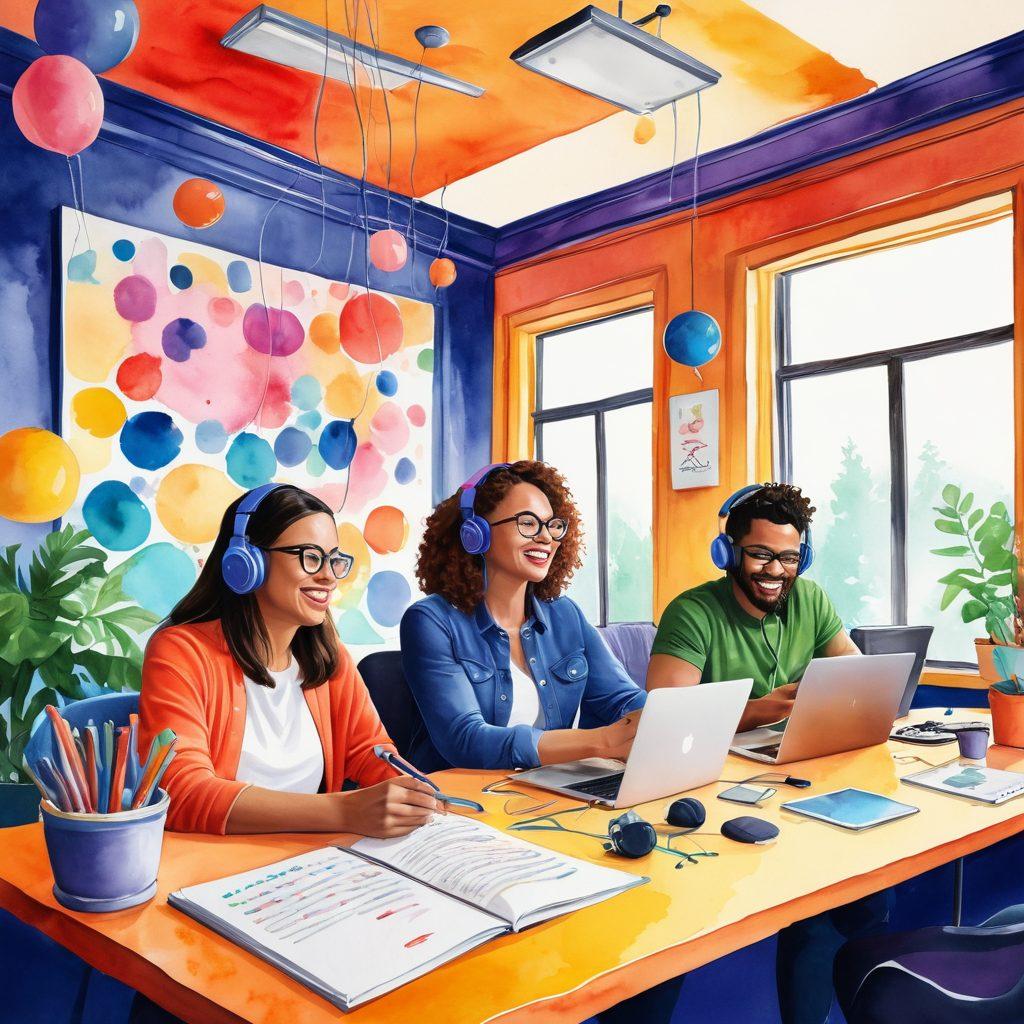 A vibrant and inviting podcast studio filled with colorful microphones and cheerful decorations. Illustrate two diverse podcasters engaged in a lively discussion, surrounded by sound waves illustrating collaboration and sharing. Incorporate elements like headphones, a laptop showing podcast metrics, and happy listeners represented as bubbles. The background should evoke a sense of community and connection, using bright and engaging colors. watercolor style. bright colors. dynamic composition.