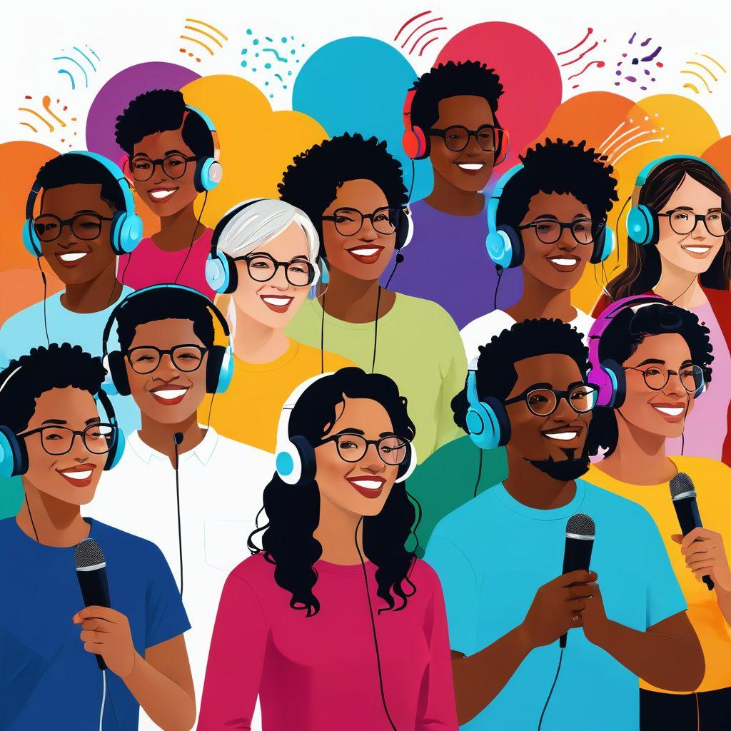 A vibrant scene depicting a diverse group of people engaged in a lively podcasting session, with microphones and headphones, surrounded by colorful sound waves symbolizing interaction. Include visual elements that represent community, like speech bubbles filled with engaging thoughts, and a warm, inviting atmosphere. Bright colors to evoke positivity and inclusivity. super-realistic. vibrant colors. white background.